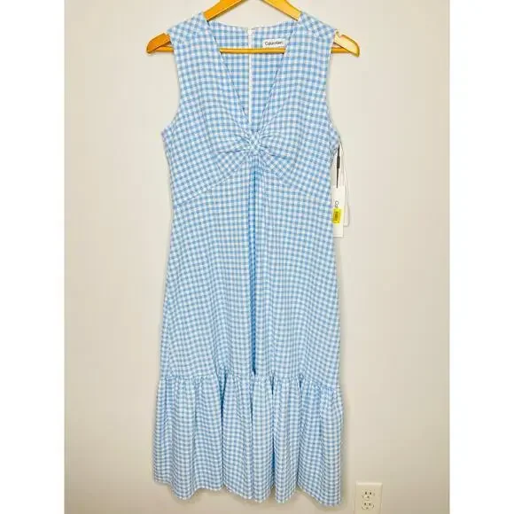 Calvin Klein Women’s Blue Gingham Sleeveless Front Knot Midi Dress size 10 NWT - Picture 9 of 10